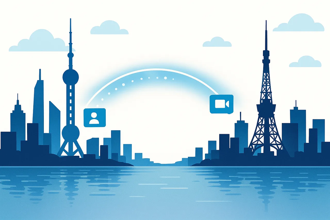上海と東京がWeb会議でつながるイラスト